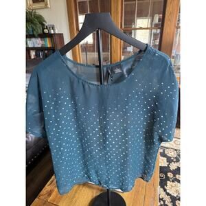 New Directions Teal Metallic Polka Dot Blouse Sheer Flowy Top M